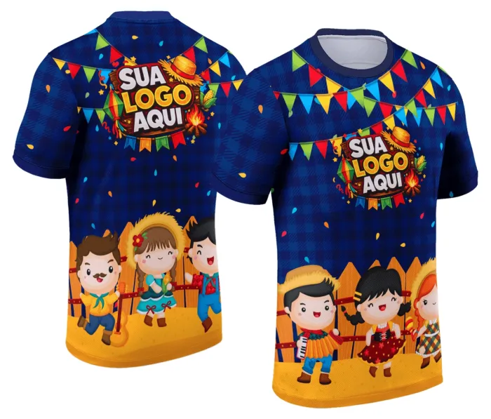 Camiseta unissex branca com logo no peito e estampa grande nas costas com tema Festa Junina Arraiá Modelo 092, perfeita para celebrações juninas com visual alegre e tradicional.