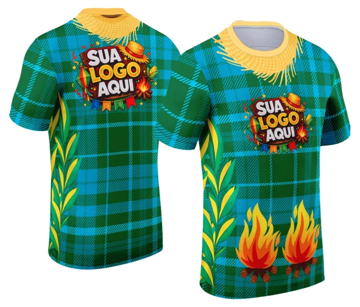 Camiseta unissex branca com logo no peito e estampa grande nas costas, tema Festa Junina Arraiá Modelo 093, ideal para celebrações e festas típicas.