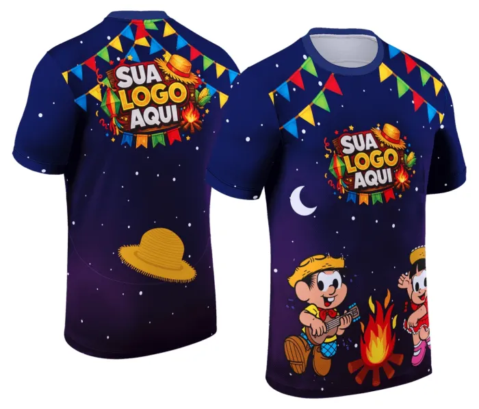 Camiseta unissex branca com logo no peito e estampa grande nas costas tema Festa Junina Arraiá Modelo 094 ideal para celebrar com estilo em festas juninas.