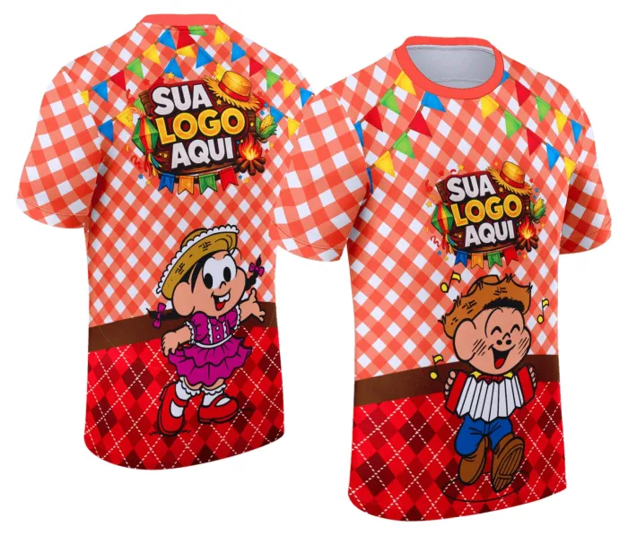 Camiseta unissex branca com logo no peito e estampa grande nas costas temática Festa Junina Arraiá, perfeita para celebrar o São João com estilo e conforto.
