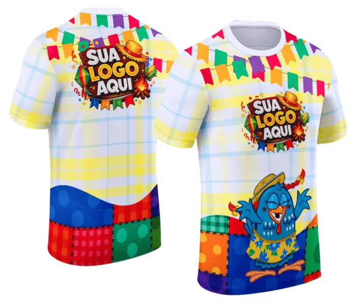 Camiseta unissex branca com logo no peito e estampa grande nas costas temática de Festa Junina Arraiá, ideal para celebrar o evento com estilo e conforto.
