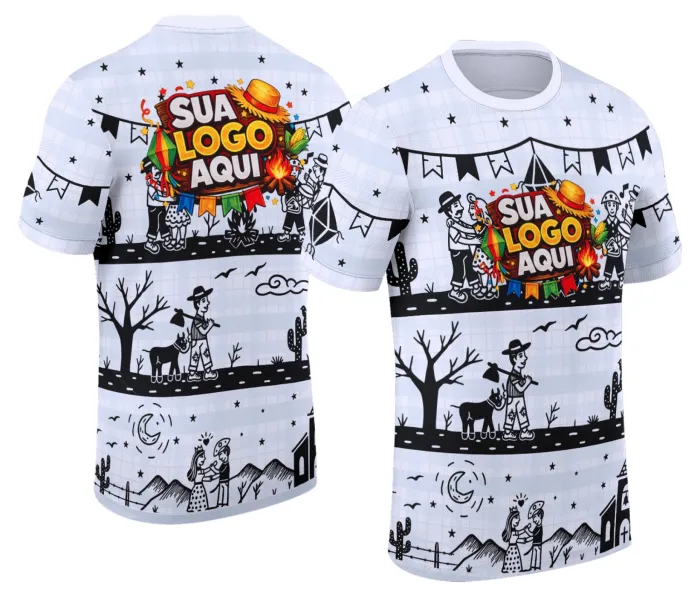 Foto de camiseta unissex branca com logo no peito e estampa grande nas costas tema Festa Junina Arraiá, ideal para celebrar a festa junina com estilo e diversão.
