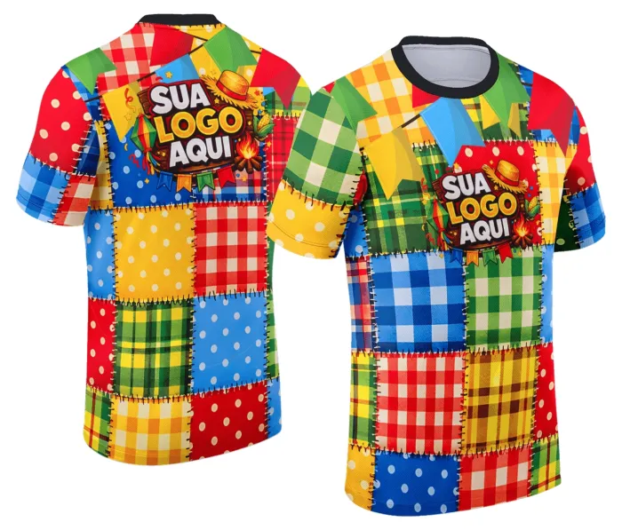 Camiseta unissex branca com logo no peito e estampa grande nas costas com tema Festa Junina Arraiá Modelo 098, perfeita para celebrar a festa junina com estilo e alegria.