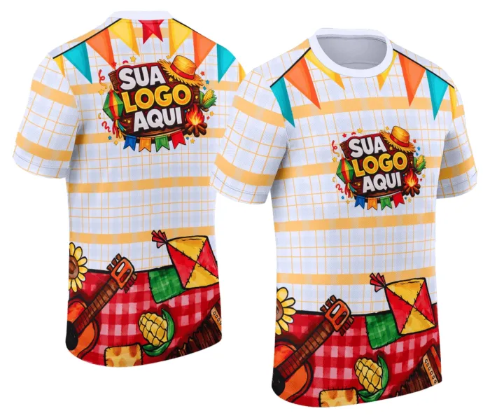 Camiseta unissex branca com logo no peito e estampa grande nas costas, tema Festa Junina Arraiá, perfeita para festas típicas brasileiras.