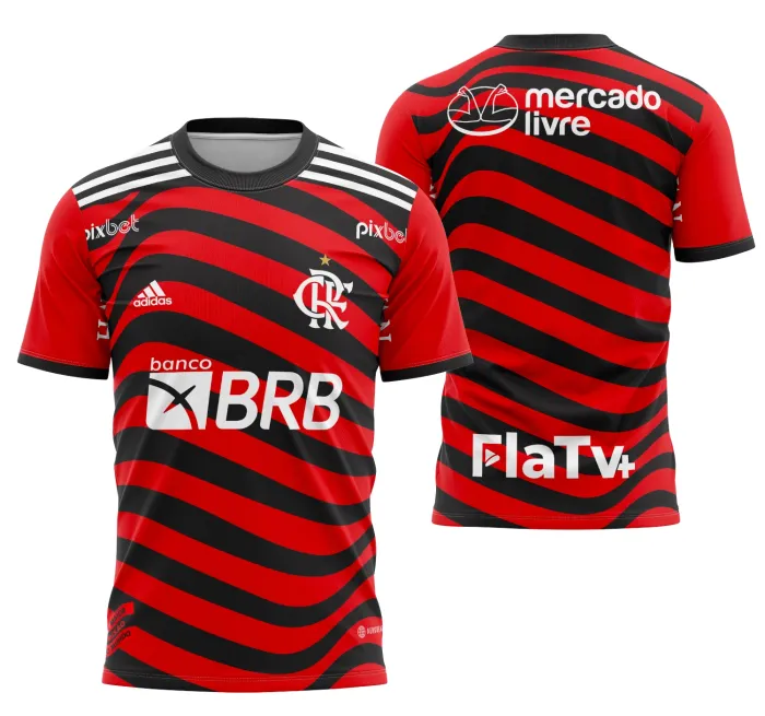 Camiseta unissex preta com logo no peito e estampa grande nas costas, inspirado na camisa Flamengo Alternativa 2022-2023, ideal para torcedores do clube exibirem com estilo.