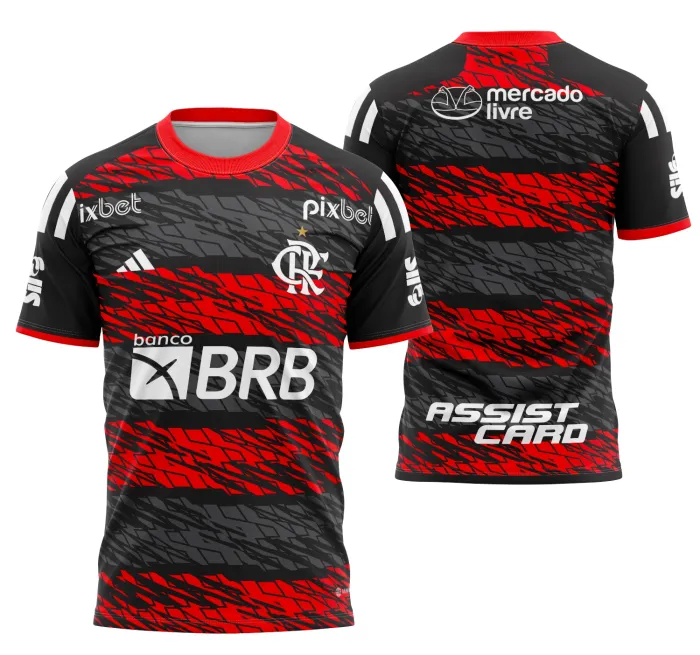 Camiseta unissex preta com logo no peito e estampa grande nas costas inspirada no Flamengo Concept 2023, design moderno com detalhes vibrantes e estilo esportivo.