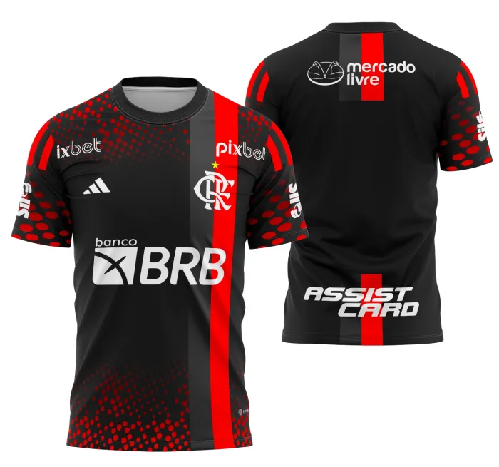 Camiseta unissex na cor preta com logo do Flamengo no peito e estampa grande nas costas com design Concept 2024, perfeita para torcedores modernos e fãs do futebol.