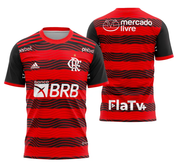 Camiseta preta unissex com logo do Flamengo no peito e estampa grande nas costas, destacando o tema Camisa Flamengo Local 2022-2023 em design moderno e vibrante.
