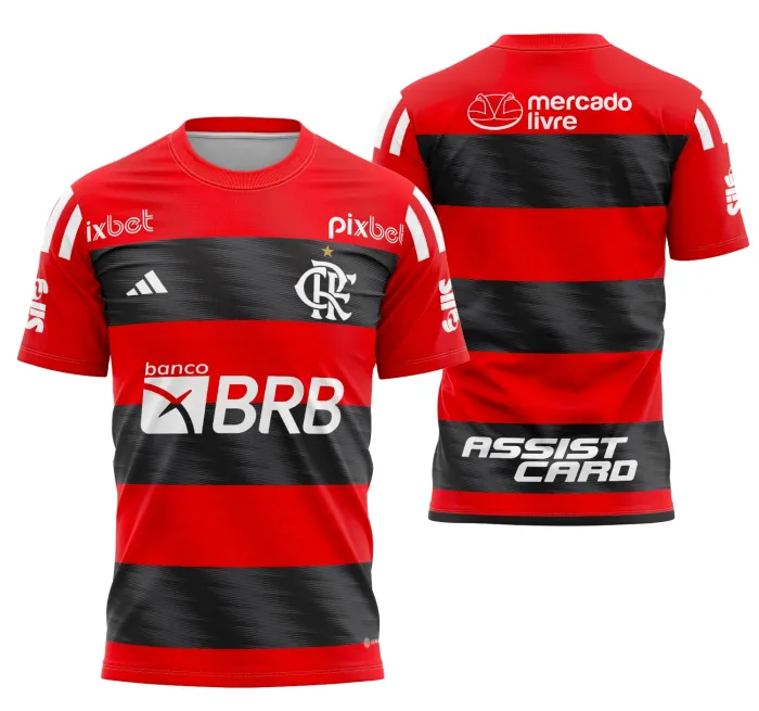 Camiseta preta unissex com logo no peito e estampa grande nas costas inspirada na Camisa Flamengo Local 2023-2024, perfeita para torcedores que querem estilo e conforto.