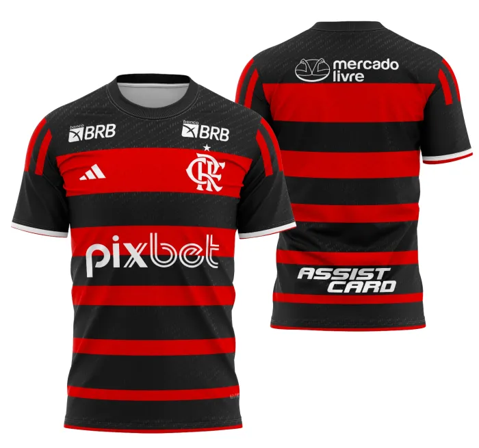 Camisa preta unissex com logo no peito e estampa grande nas costas, inspirada no Flamengo Local 2024, modelo moderno e confortável para torcer com estilo.