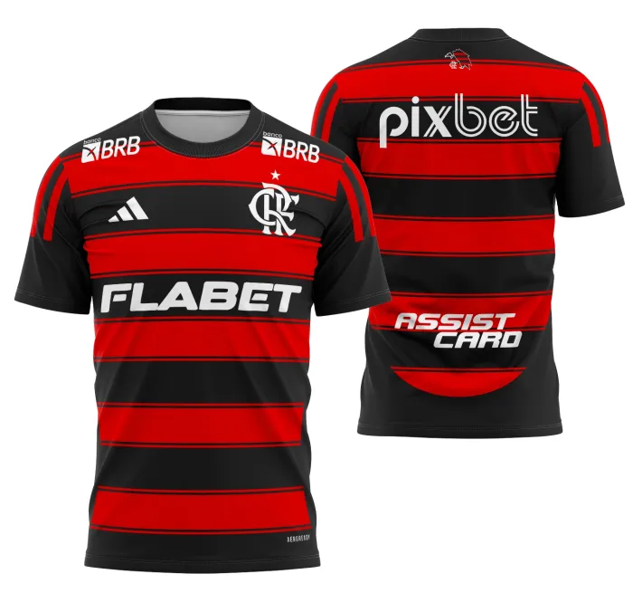 Camiseta unissex preta com logo do Flamengo no peito e estampa grande nas costas com tema Flamengo Local 2025, ideal para torcedores e eventos esportivos.