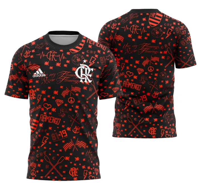 Camiseta preta unissex com logo do Flamengo no peito e estampa grande nas costas homenageando o Pre-Match 2022, ideal para torcedores que buscam estilo e autenticidade.