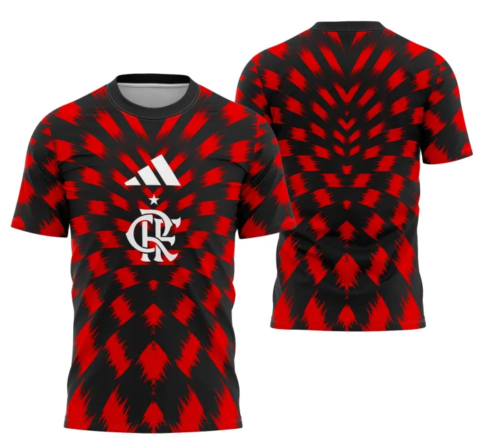 Camiseta unissex preta com logo no peito e estampa grande nas costas inspirada no Flamengo Pre-Match 2025, ideal para torcedores que buscam estilo e conforto.