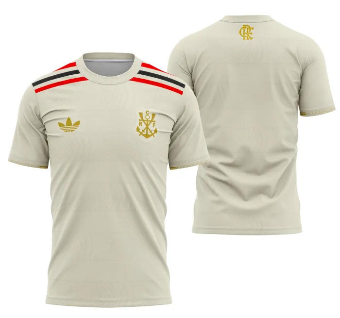 Camiseta unissex preta com logo do Flamengo no peito e estampa grande nas costas tema Flamengo Tercera 2025, estilo esportivo e moderno.