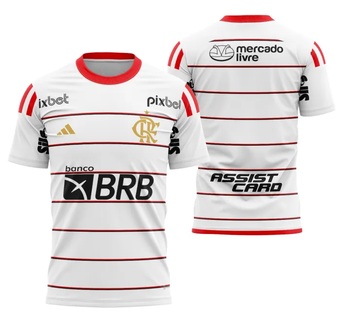 Camiseta unissex preta com logo do Flamengo no peito e estampa grande nas costas, com tema da camisa Flamengo Visita 2023-2024, ideal para torcedores e colecionadores.