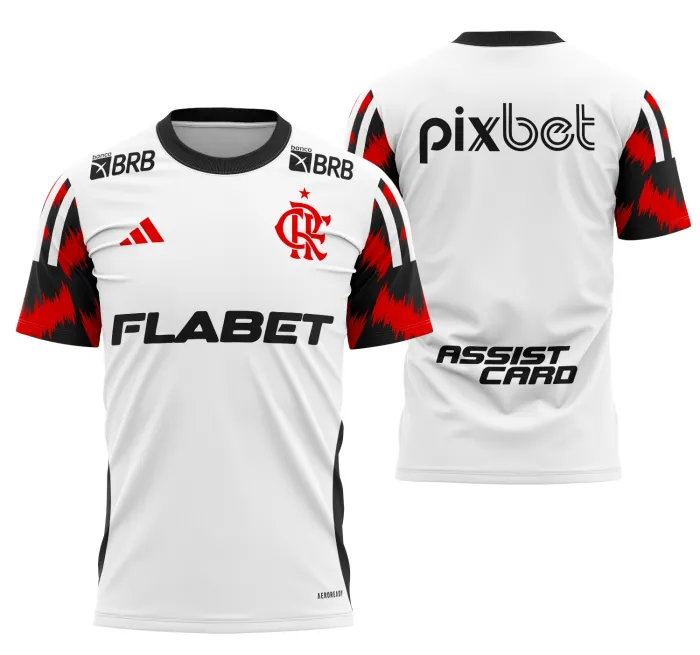 Camiseta unissex na cor preta com logo no peito e estampa grande nas costas inspirada na camisa Flamengo Visita 2025, design marcante e moderno para torcedores.