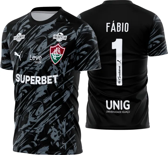 Camisa preta unissex com logo do Fluminense no peito e estampa grande nas costas com tema do goleiro 2026-2027, design moderno e vibrante para apaixonados pelo time.
