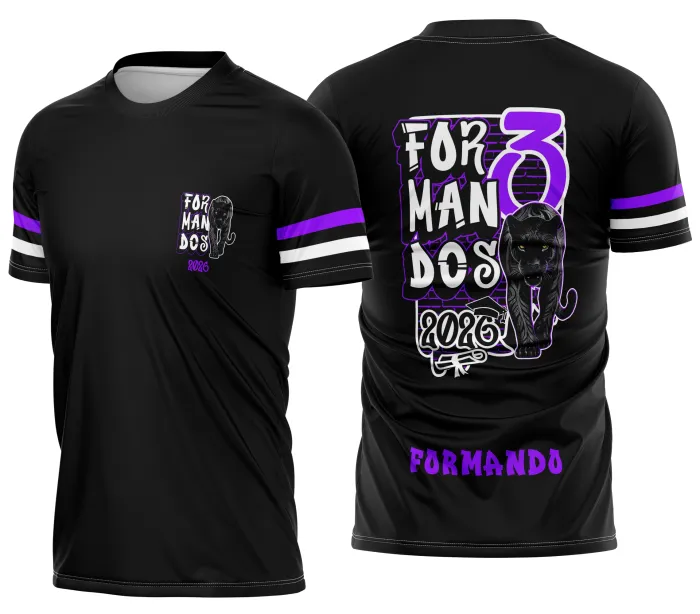 Camiseta unissex preta com logo no peito e estampa grande nas costas inspirada em Formandos 3 Pantera Negra, ideal para comemorações e eventos de formatura.