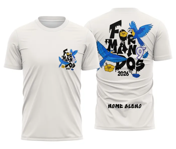 Camiseta unissex preta com logo no peito e estampa grande nas costas inspirada na Arara Azul para formandos, destacando cores vibrantes e design exclusivo para celebração.