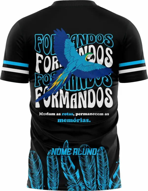 Camiseta unissex branca com logo no peito e estampa grande nas costas representando Formandos Arara Azul, ideal para comemorações de formatura com design marcante e moderno.