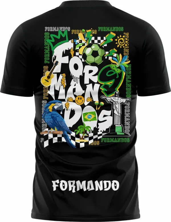 Camiseta unissex branca com logo no peito e estampa grande nas costas que destaca o ritmo da Copa Brasil, ideal para formandos celebrarem com estilo e vibração.