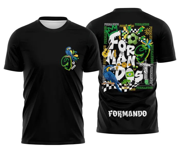 Camiseta unissex branca com logo no peito e estampa grande nas costas que destaca o ritmo da Copa Brasil, ideal para formandos celebrarem com estilo e vibração.