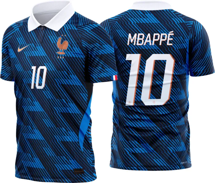 Camiseta preta unissex com logo no peito e estampa grande nas costas da França Titular 2026-28, perfeito para fãs que querem estilo e conforto em uma peça única.