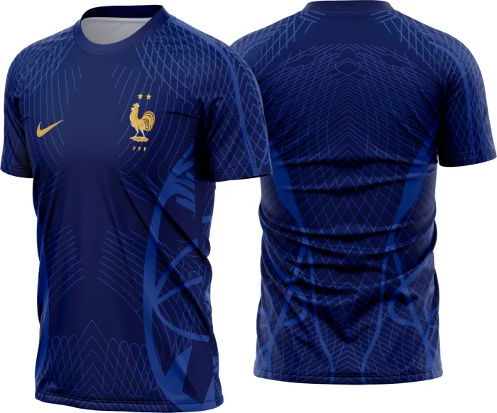 Camiseta unissex preta com logo no peito e estampa grande nas costas com tema de França Treino II 2022 - 2023, ideal para fãs do futebol e estilo esportivo.