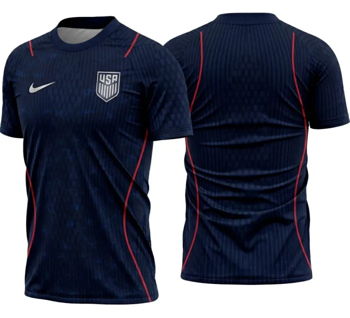Camiseta unissex azul marinho com logo no peito e estampa grande nas costas, tema Futebol Estados Unidos Copa do Mundo 2026, ideal para torcedores vibrantes, estilo moderno e confortável.