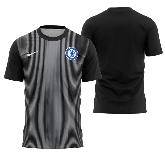 Camiseta unissex preta com logo no peito e estampa grande nas costas do Goleiro do Chelsea 2025-2026, destacando visual moderno e esportivo.