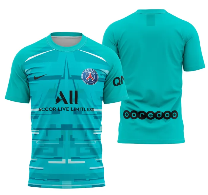 Camiseta unissex preta com logo no peito e estampa grande nas costas do goleiro do PSG 2019-2020 Modelo 1, ideal para fãs do futebol e colecionadores.