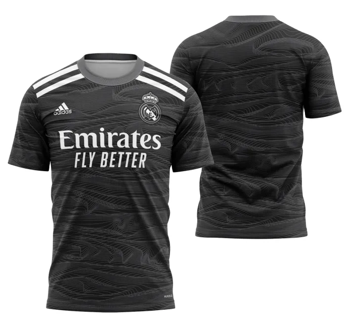 Camiseta unissex branca com logo no peito e estampa grande nas costas do Goleiro do Real Madrid 2021-2022, ideal para fãs do time que buscam estilo exclusivo e confortável.