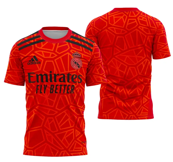 Camiseta unissex preta com logo no peito e estampa grande nas costas representando o goleiro do Real Madrid 2022-2023, ideal para fãs do futebol e torcedores