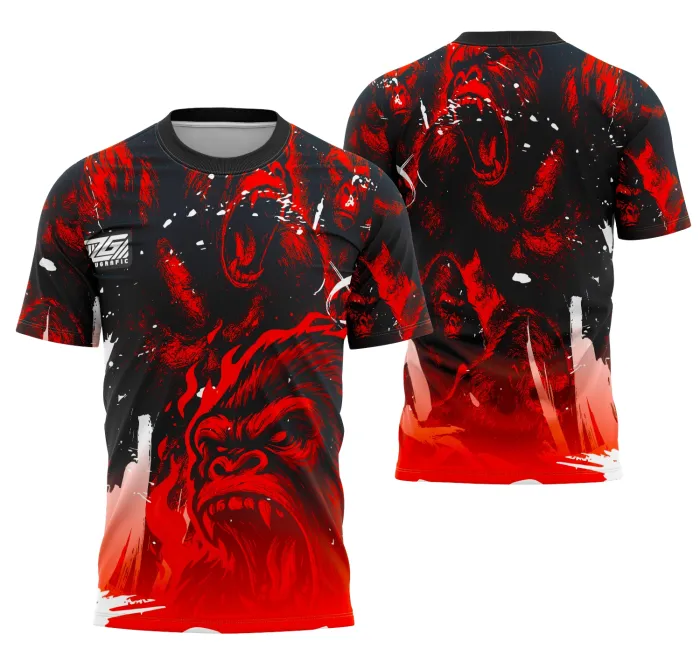 Camiseta unissex preta com logo no peito e estampa grande nas costas com tema Gorila Interclasse 2025, mostrando visual moderno e vibrante ideal para eventos escolares.