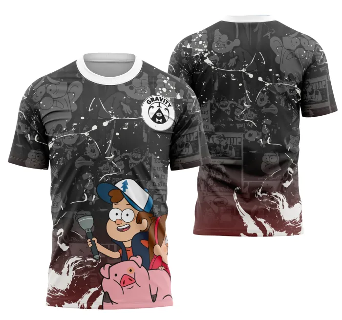 Camiseta unissex preta com logo no peito e estampa grande nas costas inspirada em Gravity Falls, destaque para design vibrante e detalhes que representam o universo da série.
