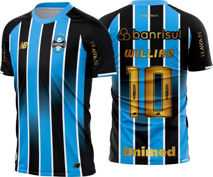 Camiseta unissex preta com logo do Grêmio no peito e estampa grande nas costas mostrando o uniforme titular 2026-27, ideal para fãs do clube e estilos esportivos.