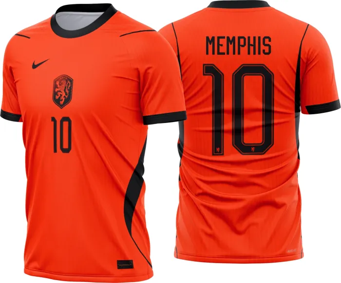 Camiseta unissex preta com logo no peito e estampa grande nas costas da seleção Holanda titular 2026 a 2028, perfeita para fãs do futebol e torcedores apaixonados