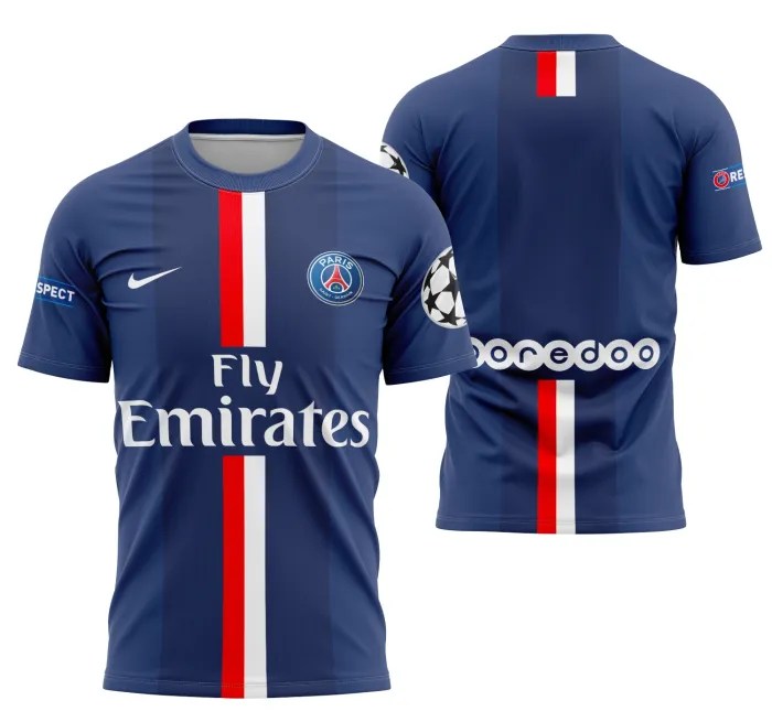 Camiseta unissex preta com logo no peito e estampa grande nas costas do tema Camisa Home Do PSG 2014-2015, design esportivo e moderno, ideal para fãs do time.