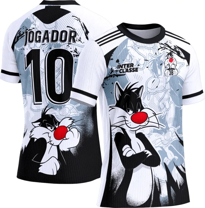 Camiseta unissex preta com logo no peito e estampa grande nas costas com tema Frajola, perfeita para eventos e confraternizações escolares.