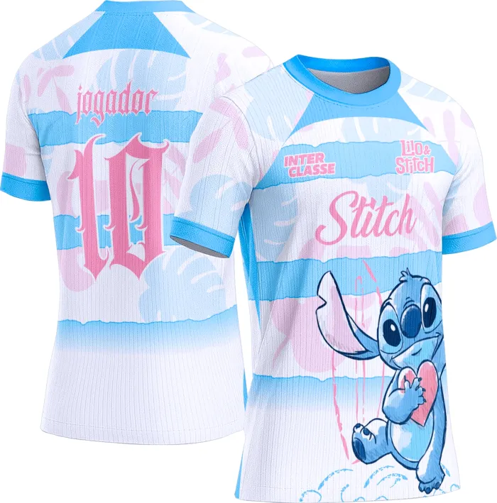Camiseta unissex preta com logo no peito e estampa grande nas costas temática do Interclasse 834 com Lilo e Stitch, perfeita para eventos escolares ou uso casual.