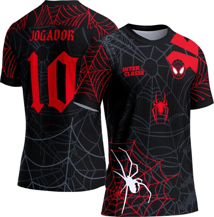 Camiseta preta unissex com logo no peito e estampa grande nas costas do Homem Aranha, ideal para fãs de super-heróis e eventos escolares.