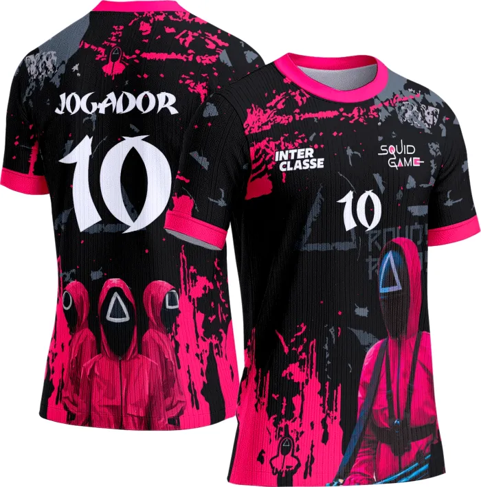 Camiseta unissex preta com logo no peito e estampa grande nas costas da Interclasse 846 Round Six, ideal para usar em times, eventos ou confraternizações.