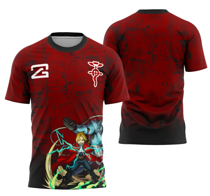 Camiseta unissex preta com logo no peito e estampa grande nas costas com tema Interclasse Alquimista Full Metal, ideal para fãs da série.