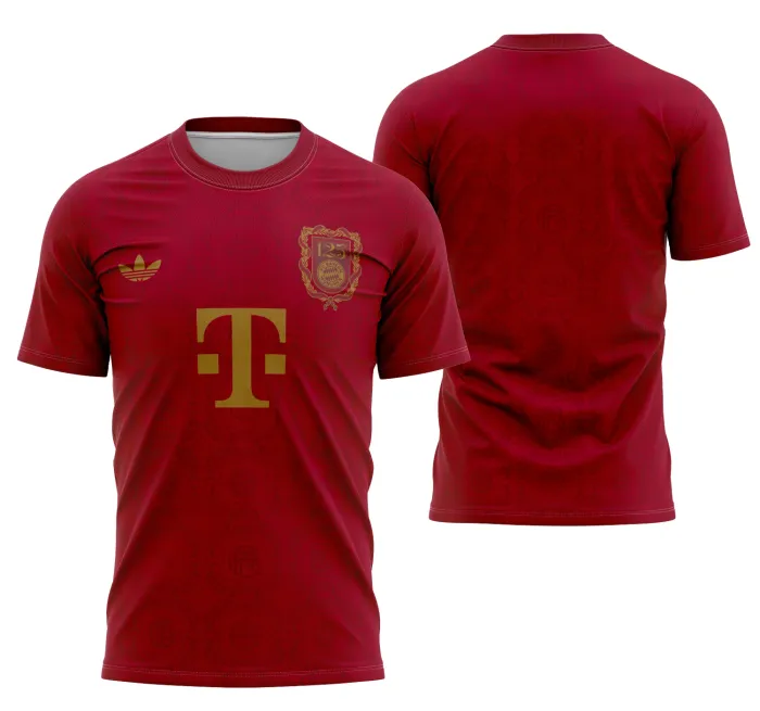 Camiseta unissex preta com logo no peito e estampa grande nas costas do Interclasse Aniversário do Bayern De Munique 24-25, perfeita para torcedores e eventos temáticos.