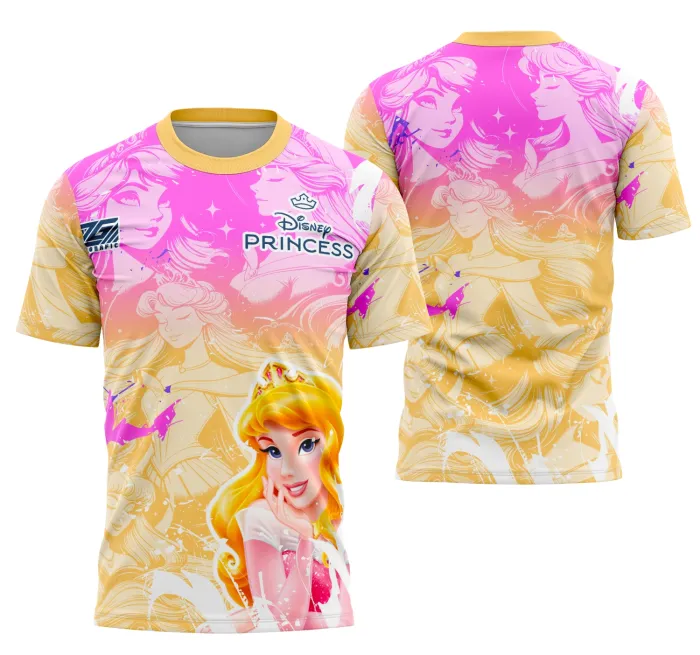 Foto de camiseta unissex preta com logo no peito e estampa grande nas costas inspirada na Interclasse Aurora da Série Da Disney, ideal para fãs que buscam estilo e conforto.