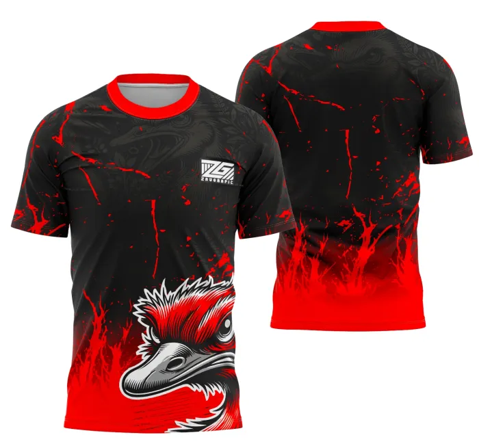 Camiseta unissex preta com logo no peito e estampa grande nas costas do tema Interclasse Avestruz, perfeita para eventos escolares e torcidas organizadas.