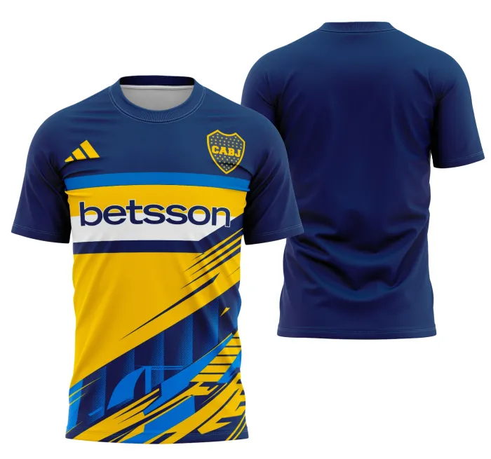Camiseta unissex preta com logo no peito e estampa grande nas costas inspirada na Camisa Interclasse Boca Juniors, ideal para torcida e eventos temáticos.