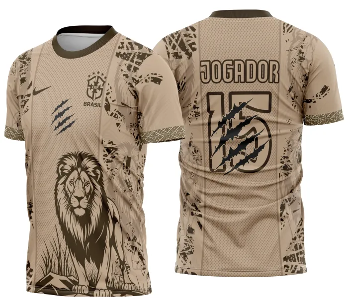 Camiseta unissex bege com logo no peito e estampa grande nas costas mostrando leão e tema Interclasse Brasil, visual moderno e casual ideal para eventos ou uso diário.