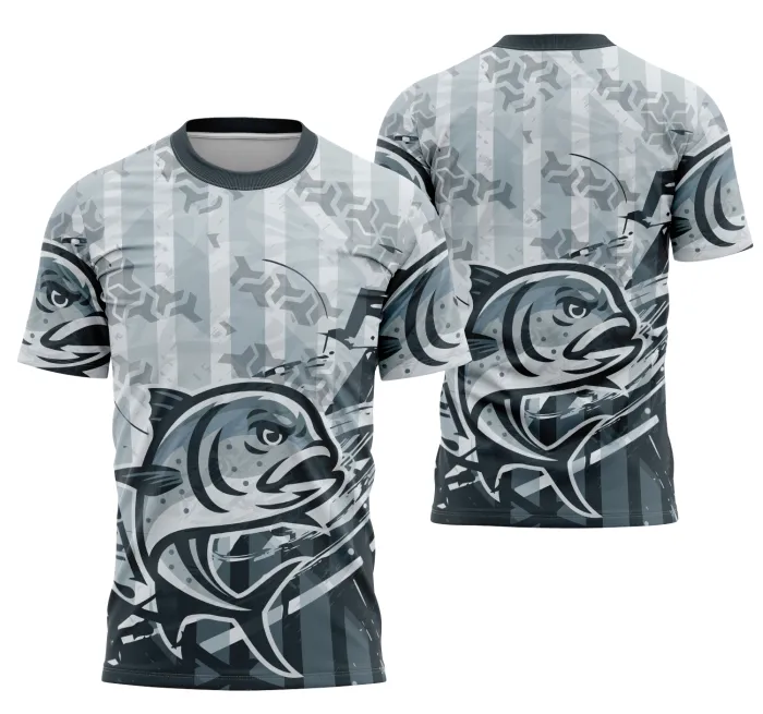 Camiseta unissex preta com logo no peito e estampa grande nas costas mostrando tema de pesca e interclasse, ideal para uso casual e em eventos.