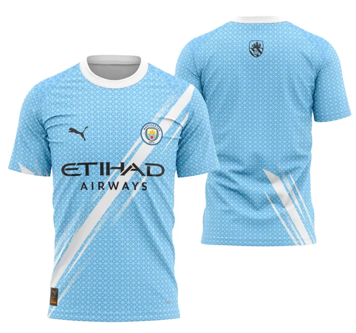 Camiseta unissex preta com logo do Manchester City no peito e estampa grande nas costas, tema Casa Interclasse edição 25-26, ideal para torcedores e amantes do futebol.